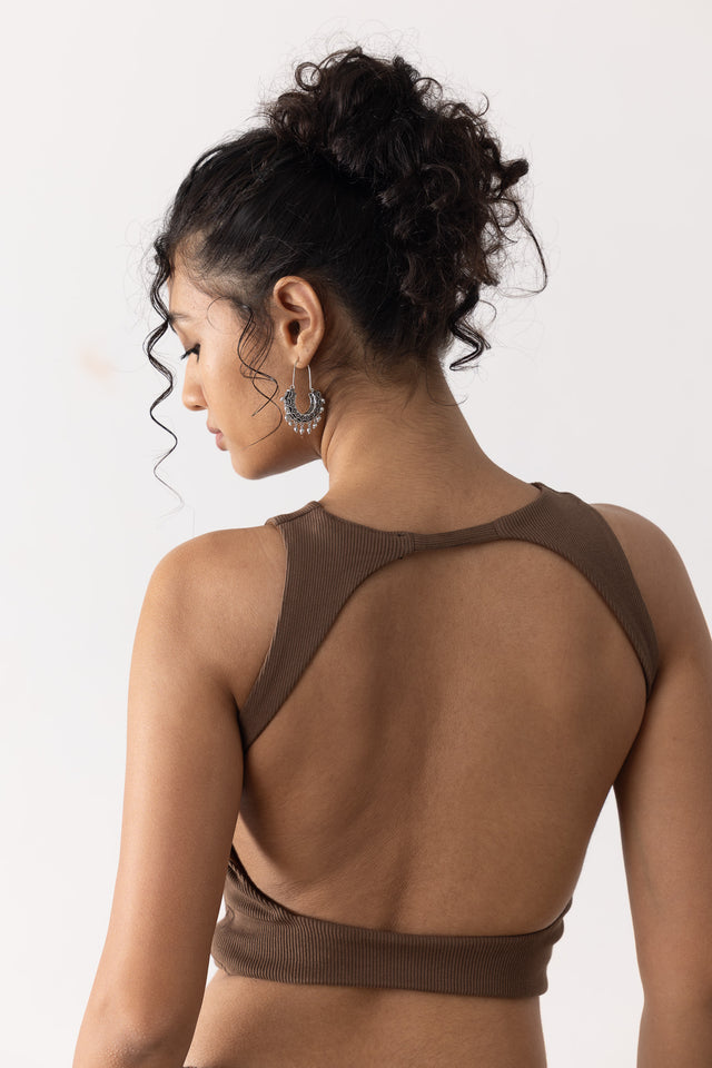 Ribbed Backless Tank In Brown