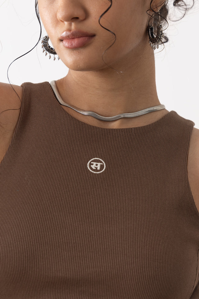 Ribbed Backless Tank In Brown