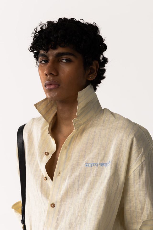 Oversized Linen Shirt in Yellow & Blue Pinstripes