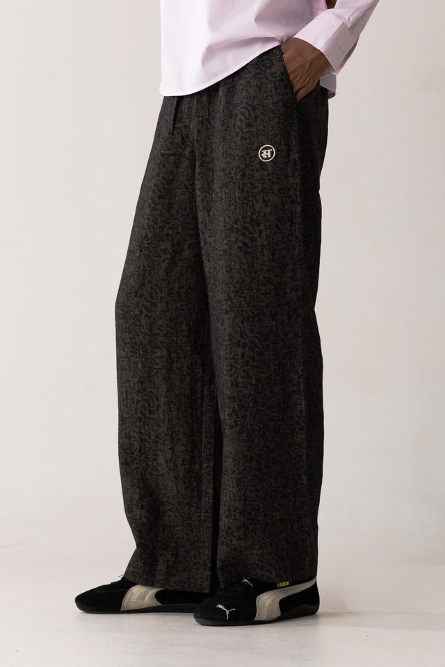 Seamless Block-Printed Linen Pants in Black