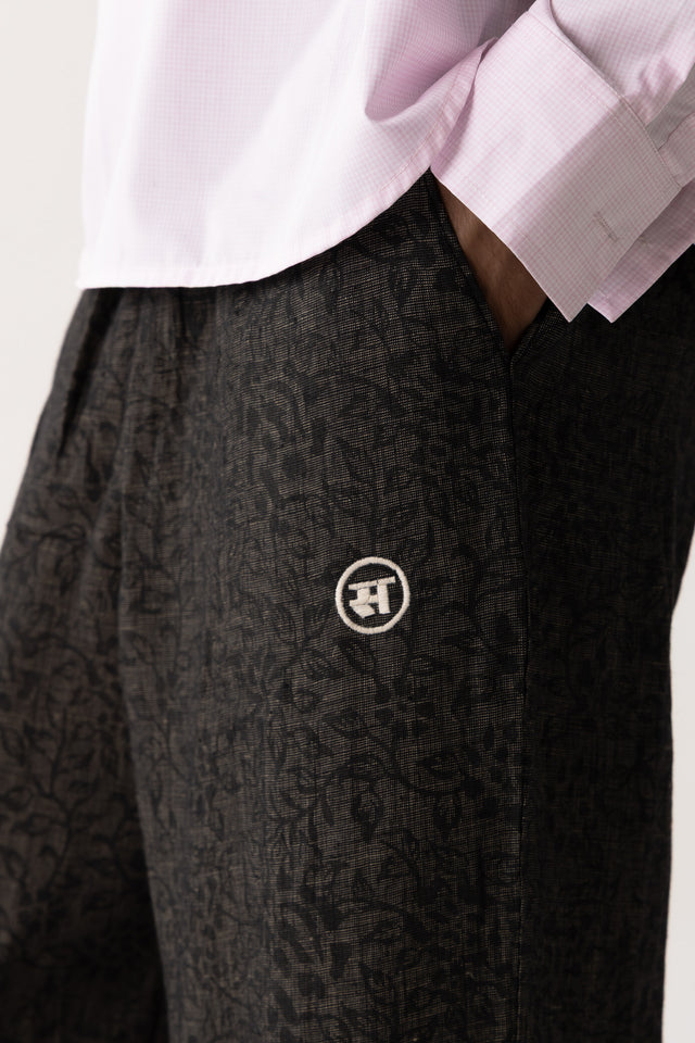 Seamless Block-Printed Linen Pants in Black