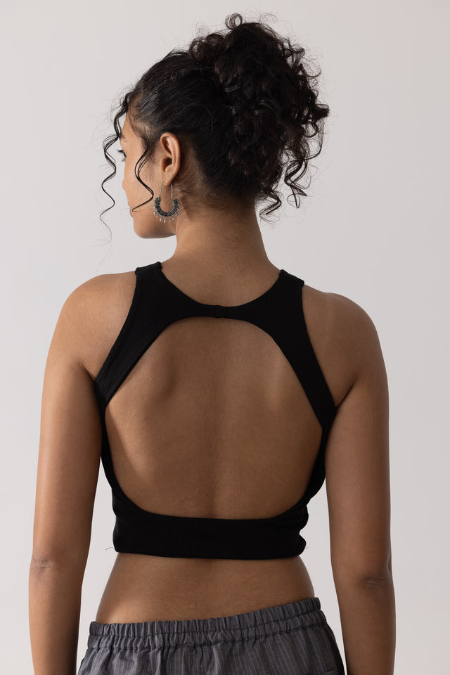 Ribbed Backless Tank in Black