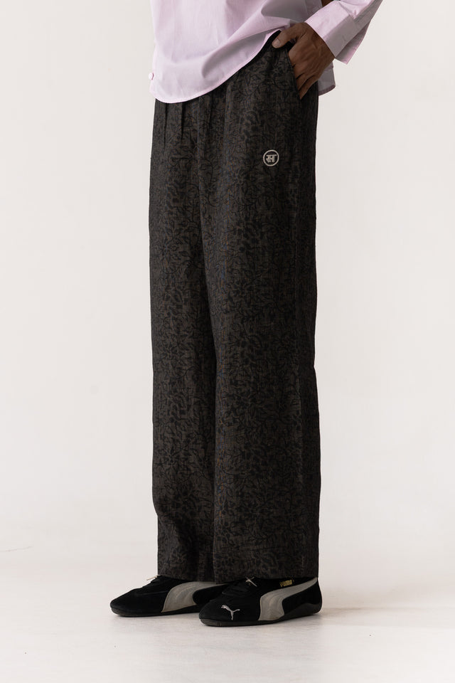 Seamless Block-Printed Linen Pants in Black