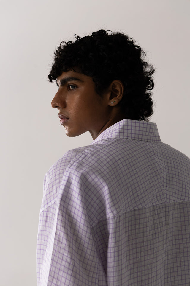 Oversized Linen Shirt in Chequered Purple