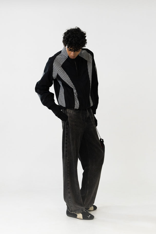 Panelled Raglan Jacket In Black Houndstooth