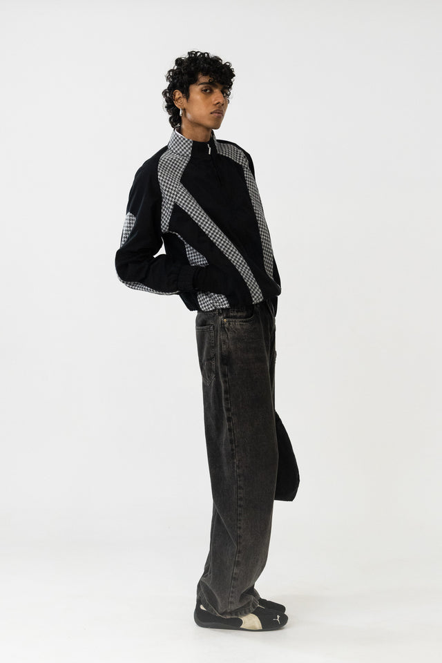 Panelled Raglan Jacket In Black Houndstooth