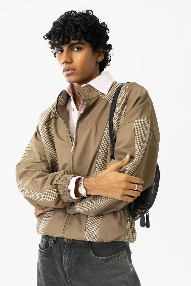 Panelled Raglan Jacket in Khaki Houndstooth