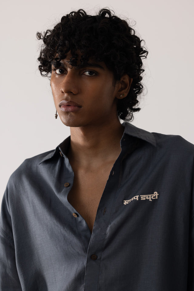 Oversized Linen Shirt in Stone Blue