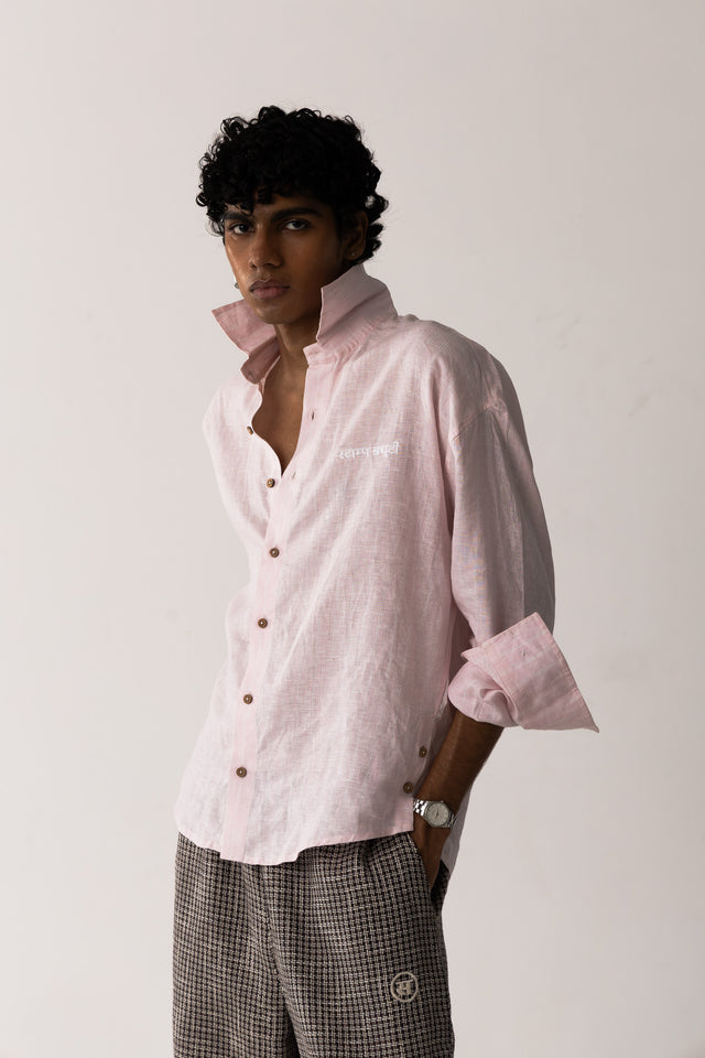 Oversized Linen Shirt in Pink Pinstripes