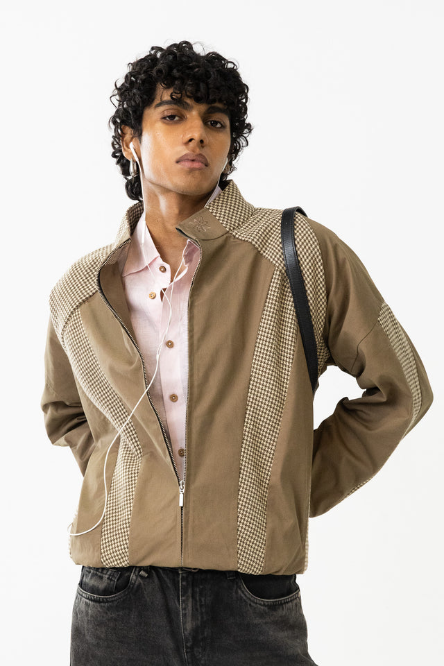 Panelled Raglan Jacket in Khaki Houndstooth