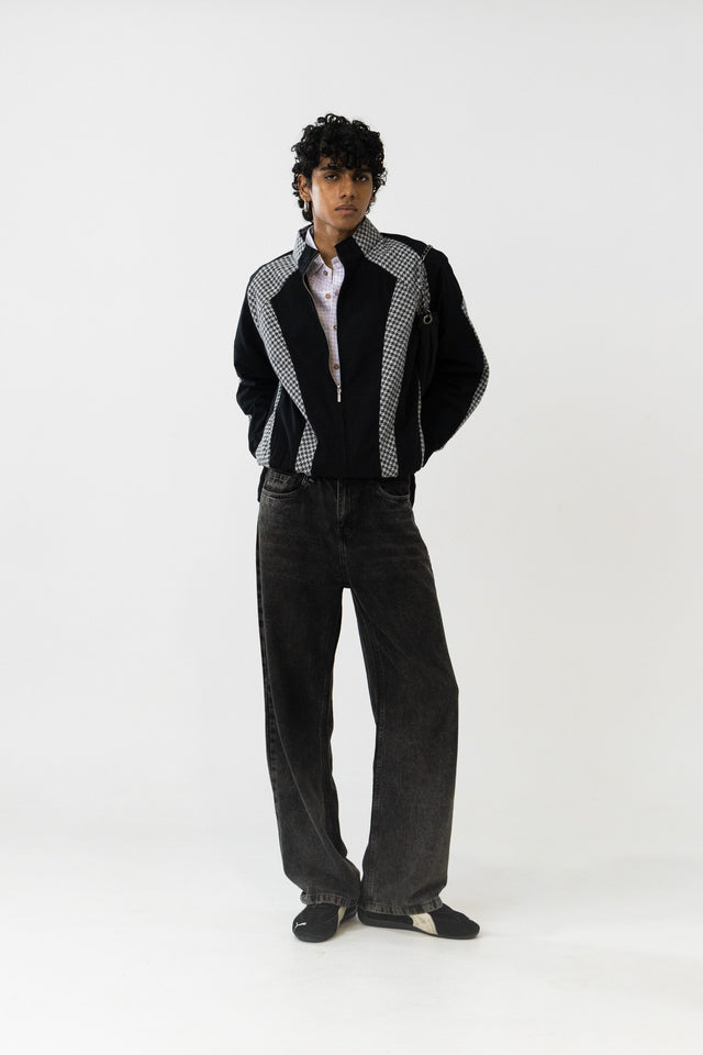 Panelled Raglan Jacket In Black Houndstooth