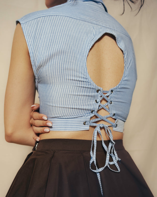 Sleeveless Cropped Shirt in Blue Pinstripes