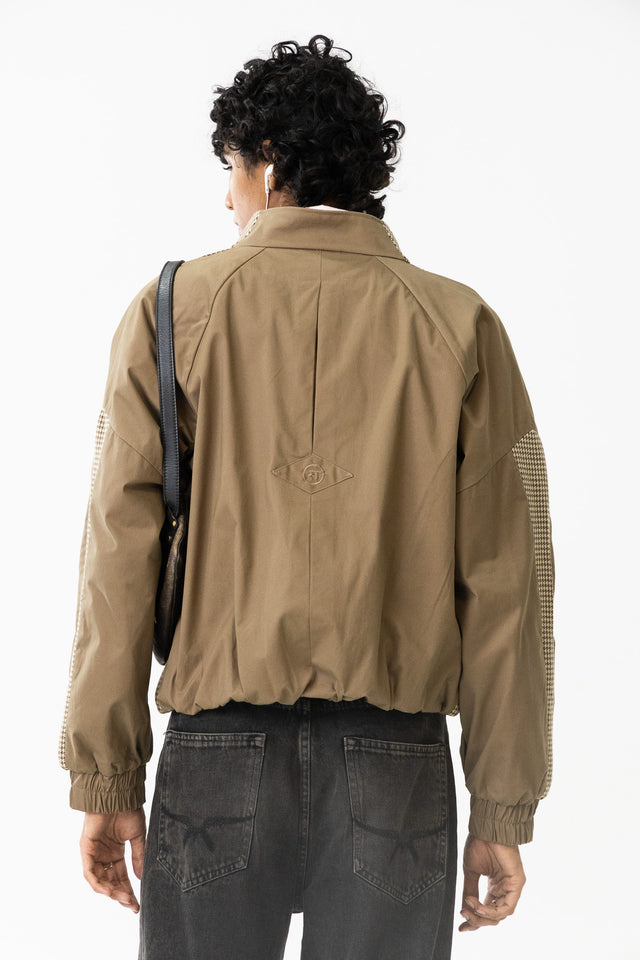 Panelled Raglan Jacket in Khaki Houndstooth
