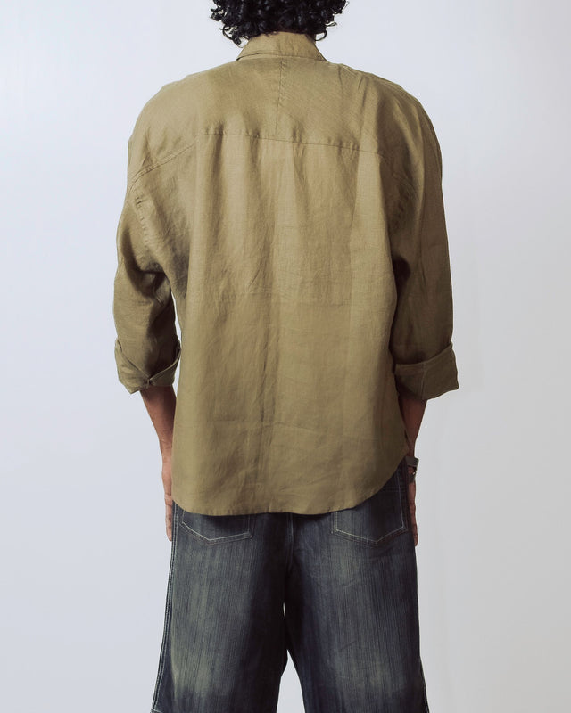 Oversized Linen Shirt in Olive Green