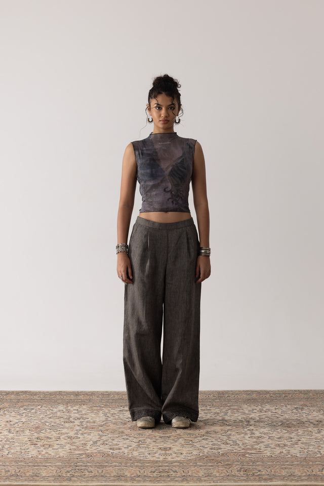 7 Of 7 Block Printed Pleated Linen Pants in Black