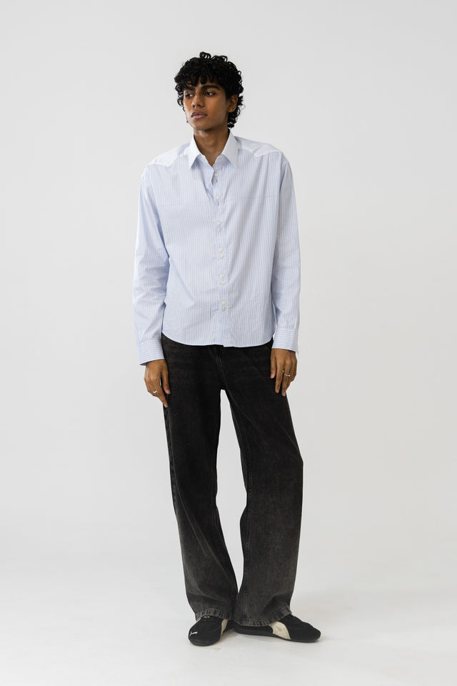 Two Tone Fabric Pinstripe Shirt in Sky Blue