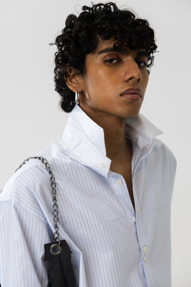 Two Tone Fabric Pinstripe Shirt in Sky Blue