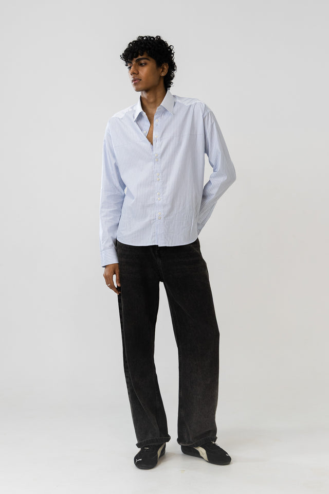 Two Tone Fabric Pinstripe Shirt in Sky Blue
