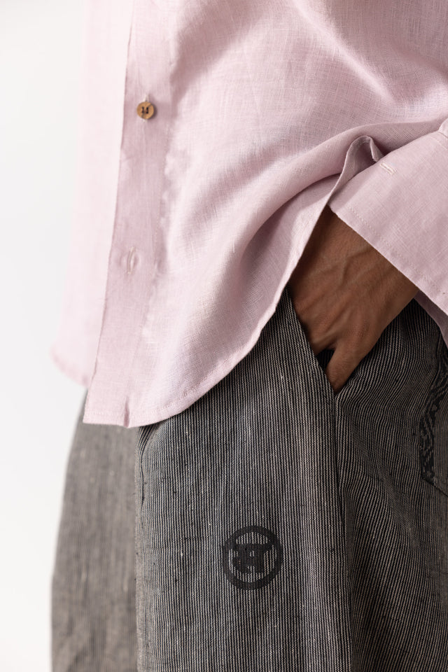 7 Of 7 Block Printed Pleated Linen Pants in Black