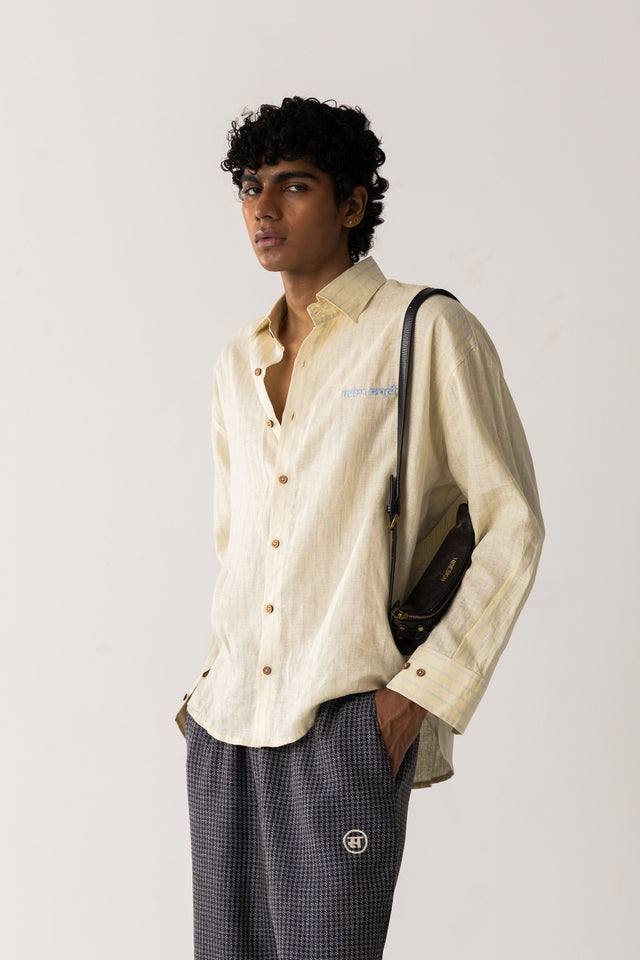 Oversized Linen Shirt in Yellow & Blue Pinstripes