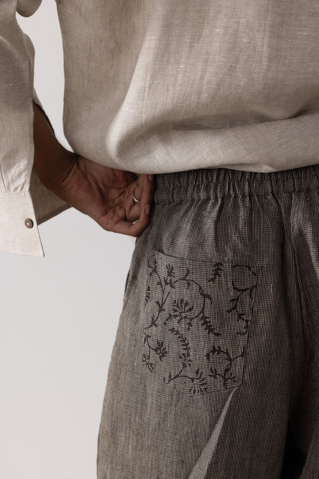 8 Of 8 Block Printed Pleated Linen Pants in Brown