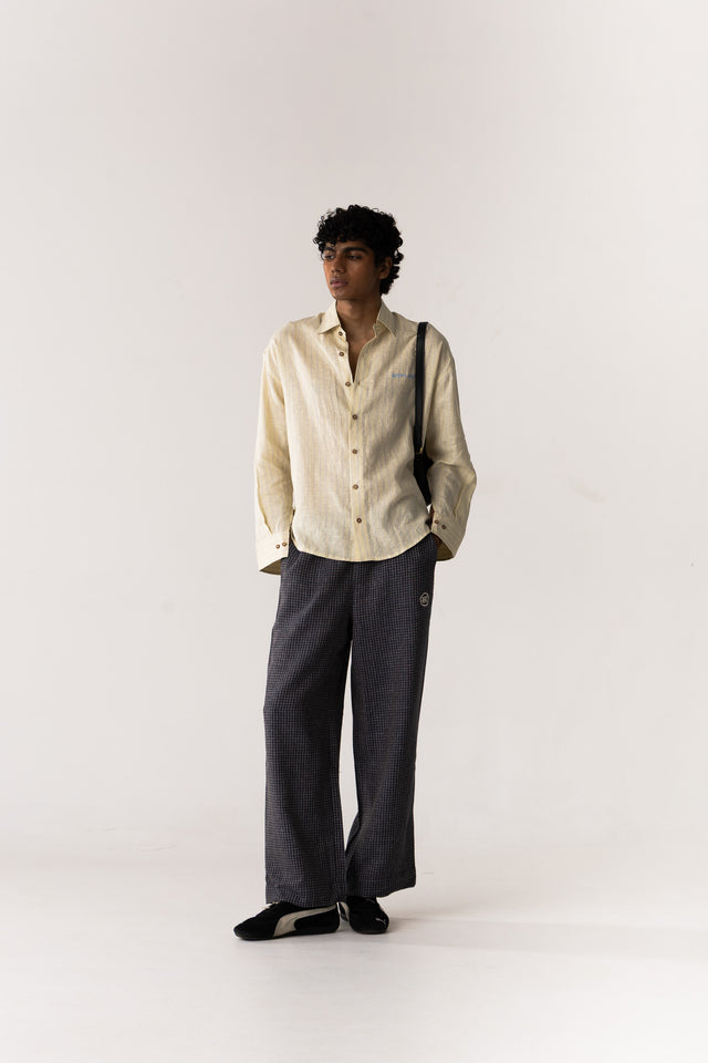 Oversized Linen Shirt in Yellow & Blue Pinstripes