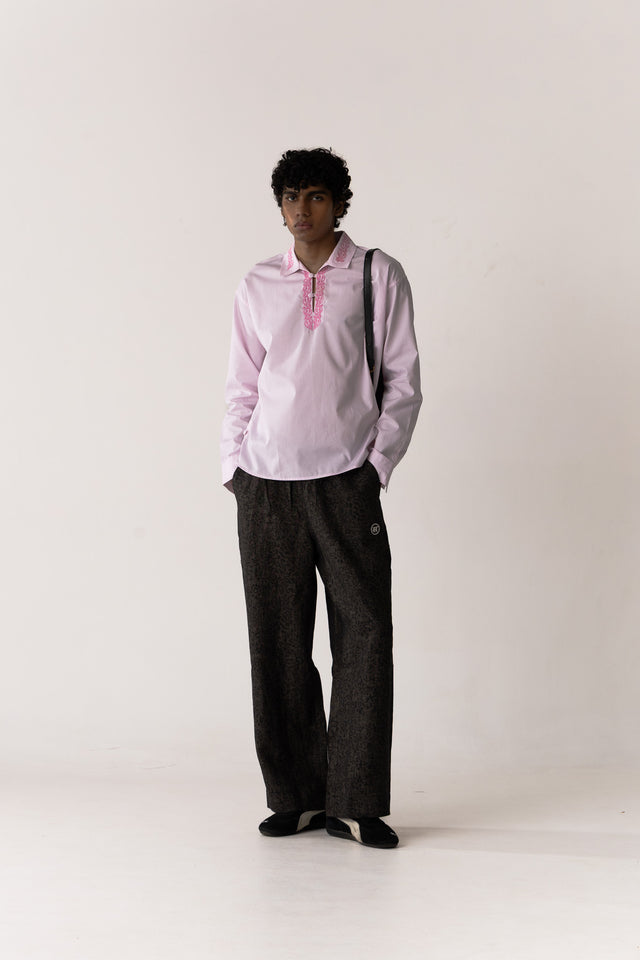 Seamless Block-Printed Linen Pants in Black