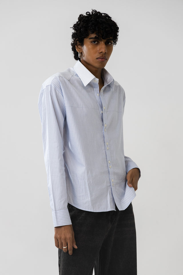 Two Tone Fabric Pinstripe Shirt in Sky Blue