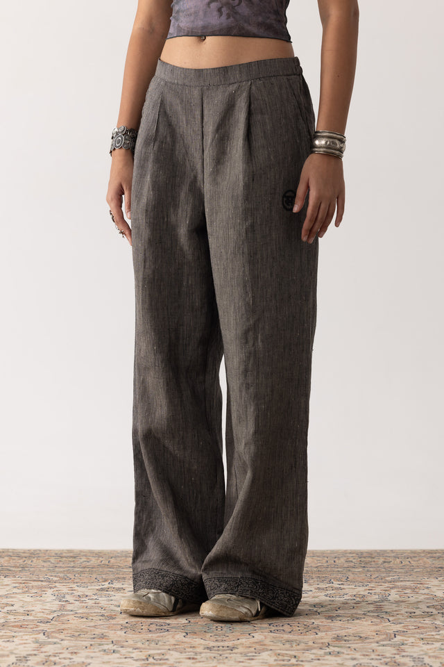 7 Of 7 Block Printed Pleated Linen Pants in Black