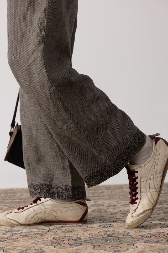8 Of 8 Block Printed Pleated Linen Pants in Brown