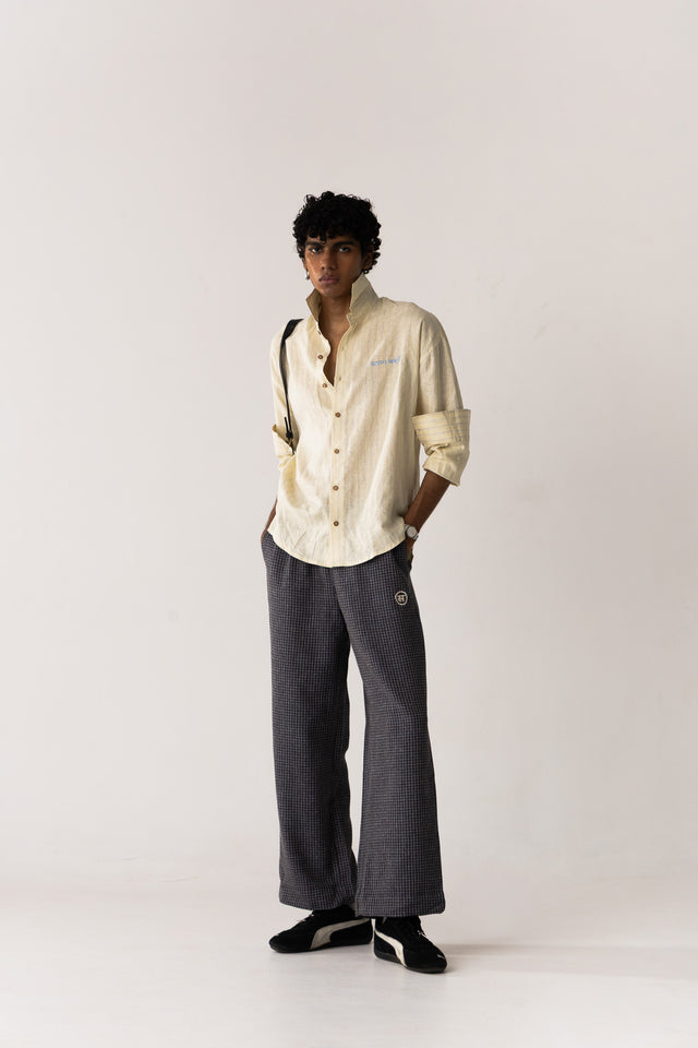 Oversized Linen Shirt in Yellow & Blue Pinstripes