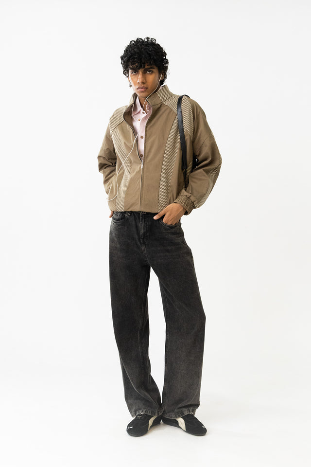 Panelled Raglan Jacket in Khaki Houndstooth