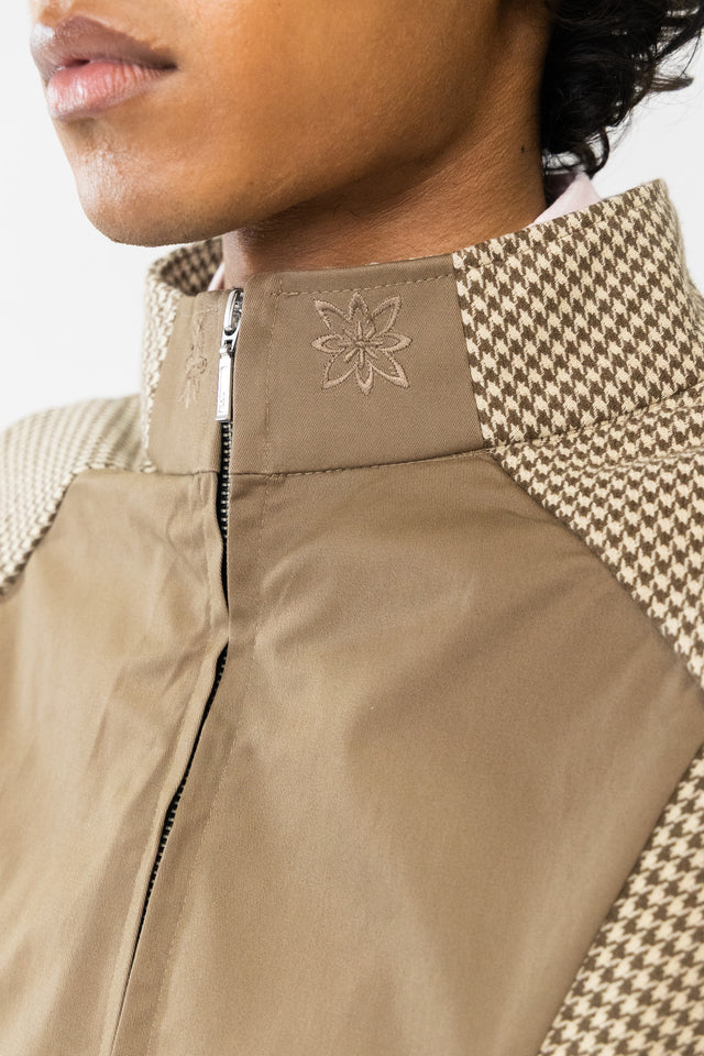 Panelled Raglan Jacket in Khaki Houndstooth