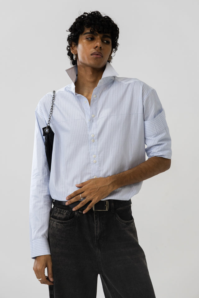 Two Tone Fabric Pinstripe Shirt in Sky Blue