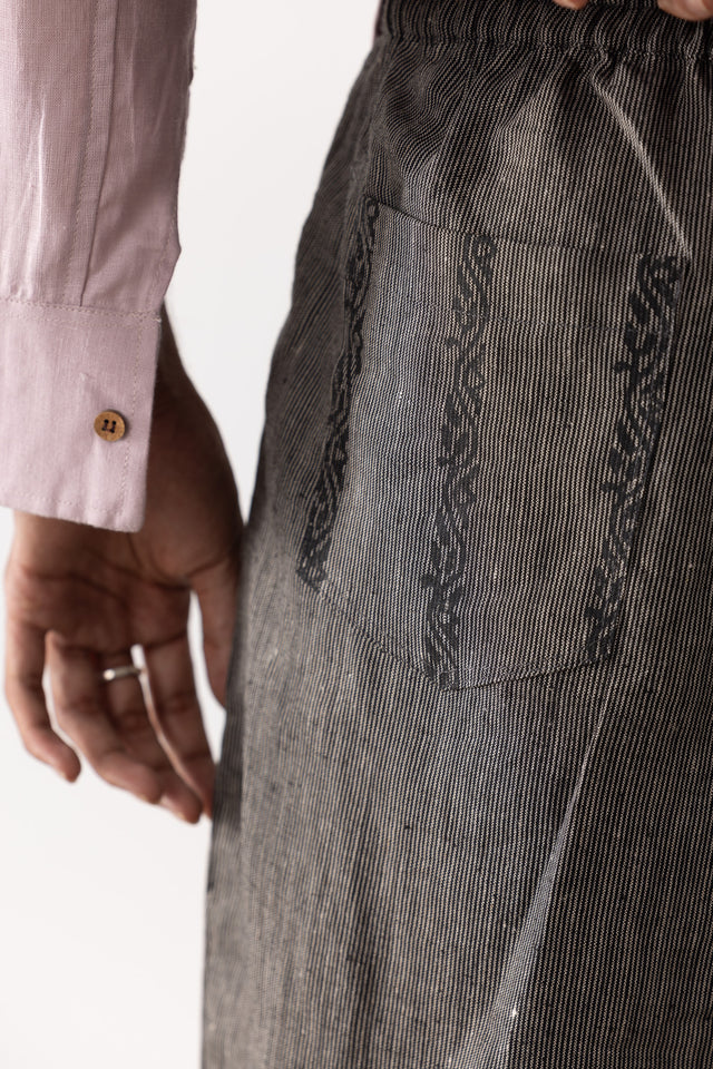 7 Of 7 Block Printed Pleated Linen Pants in Black