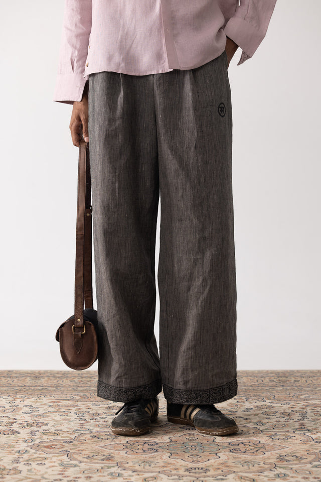 7 Of 7 Block Printed Pleated Linen Pants in Black