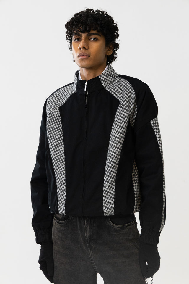 Panelled Raglan Jacket In Black Houndstooth