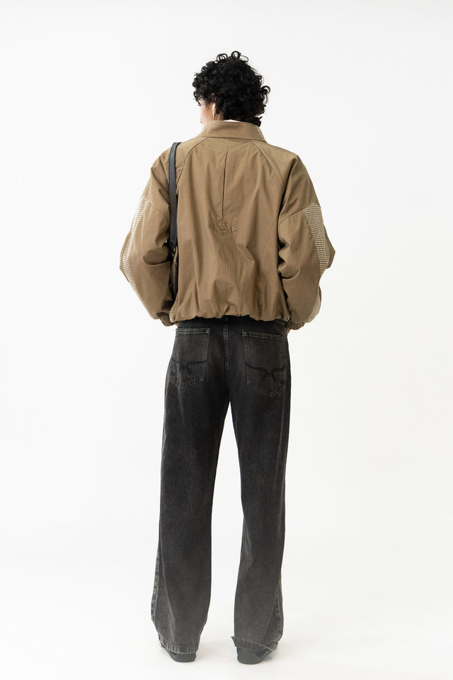 Panelled Raglan Jacket in Khaki Houndstooth