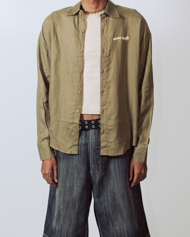 Oversized Linen Shirt in Olive Green