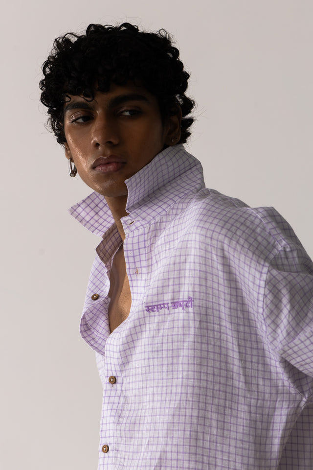 Oversized Linen Shirt in Chequered Purple