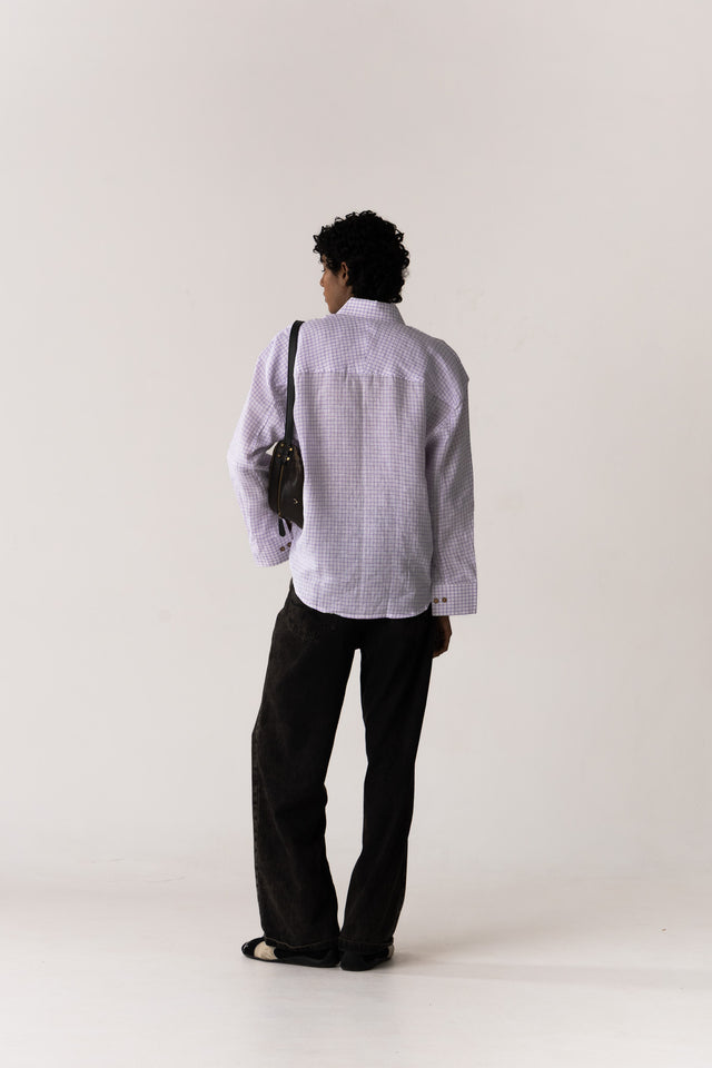 Oversized Linen Shirt in Chequered Purple