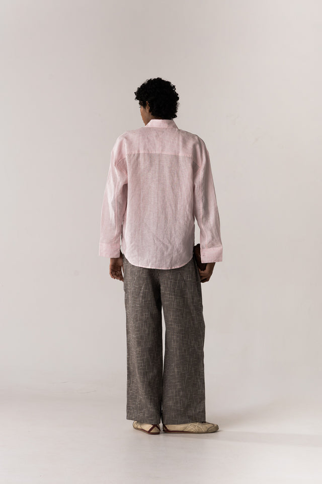 Oversized Linen Shirt in Pink Pinstripes