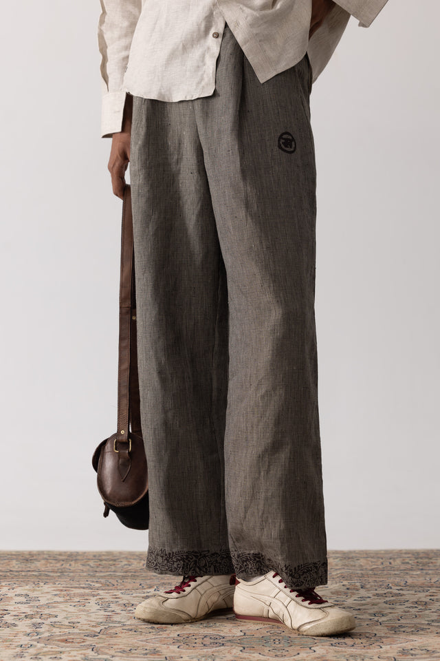 8 Of 8 Block Printed Pleated Linen Pants in Brown