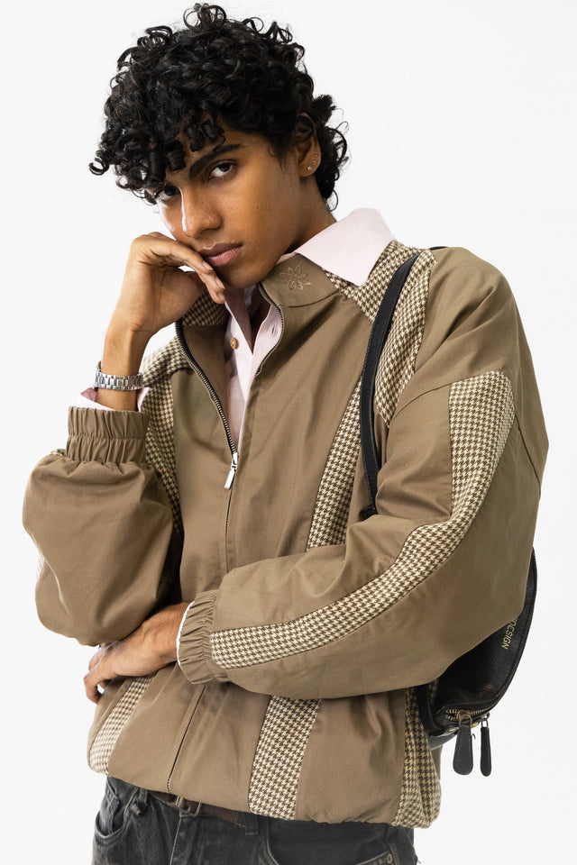 Panelled Raglan Jacket in Khaki Houndstooth