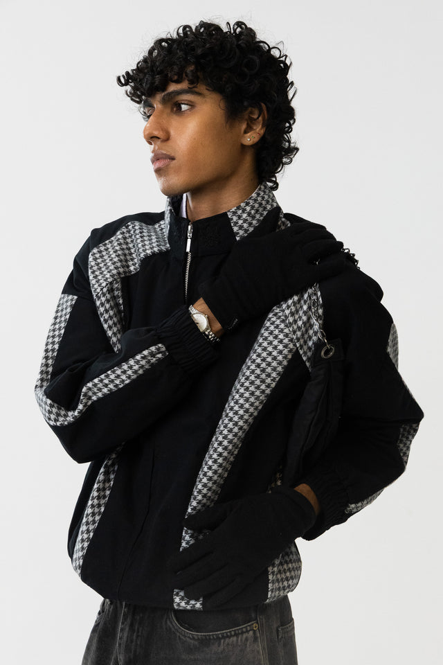 Panelled Raglan Jacket In Black Houndstooth
