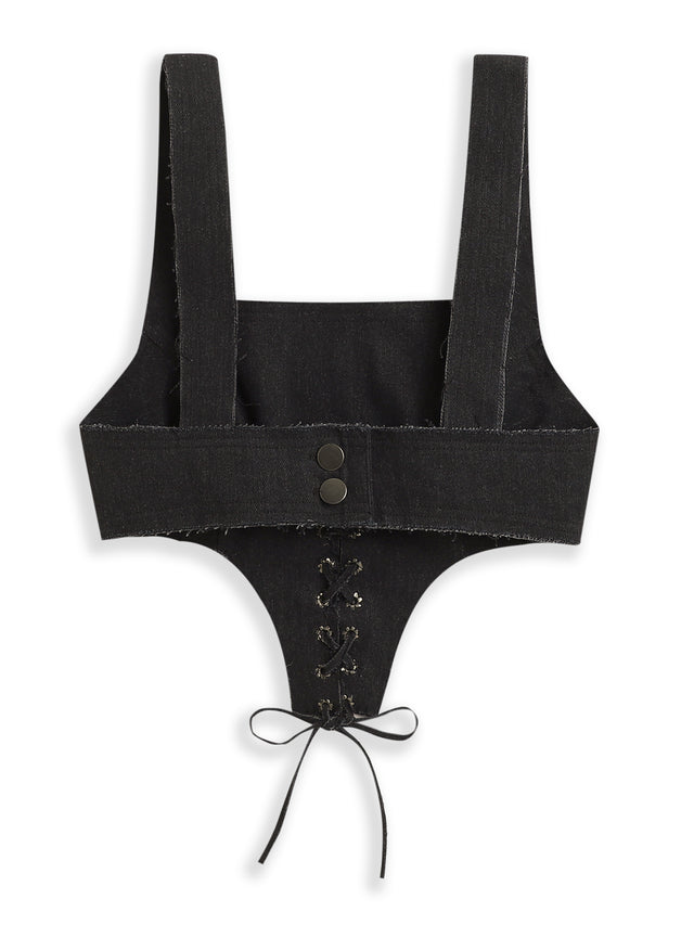 Brassière bouclée en denim noir